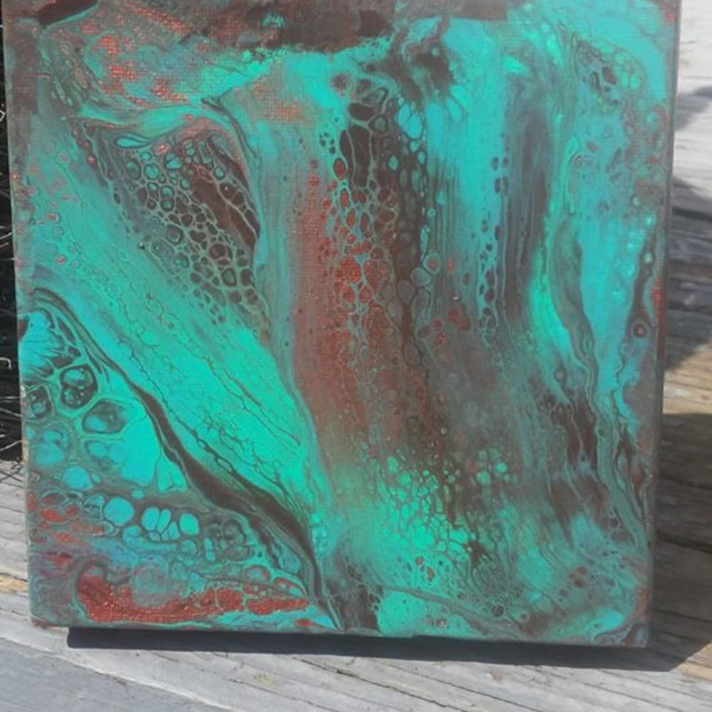 6"x6" Turquoise and Copper Fluid Pour Painting